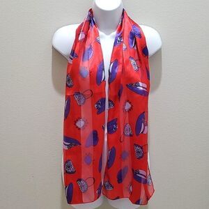 SCARF LADIES HATS PRINT, 13"x59", RED/PURPLE, SILK FEEL, MADE IN KOREA